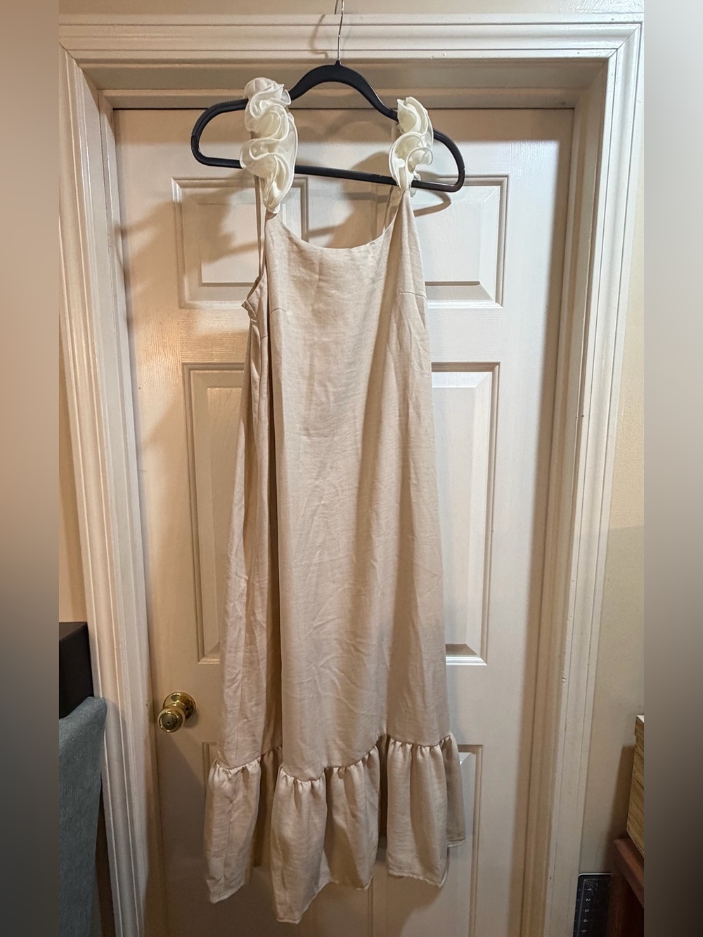 SHEIN Cream Ruffle-Hem Maxi Slip Dress with Tie Straps
